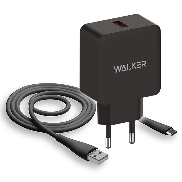 Зарядное устройство WALKER 18W (USBx1 быстрая зарядка QC 3.0 блок + кабель Type-C, черный)