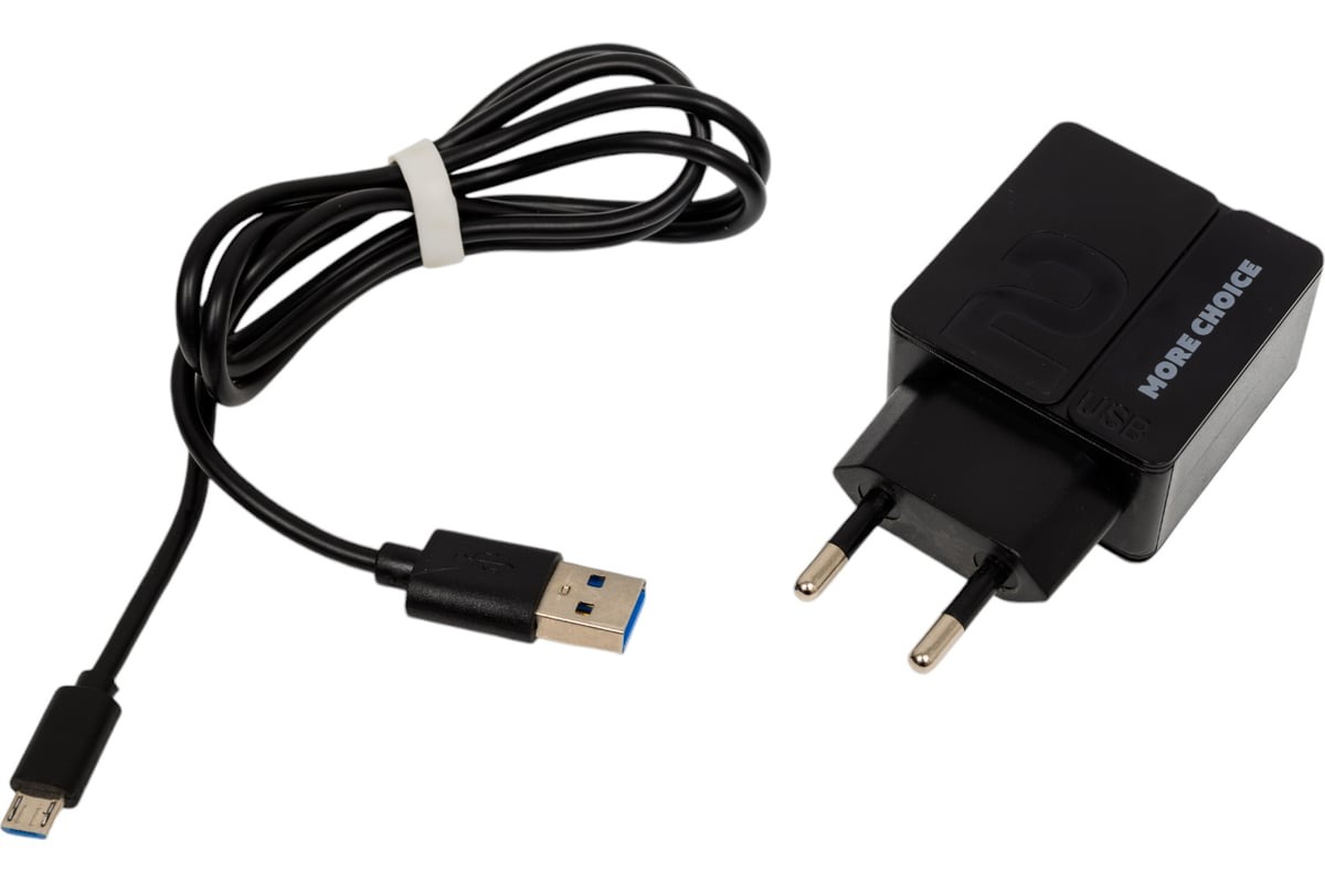 Зарядное устройство More Choice NC46, c кабелем MicroUSB, 2 USB, черное/черное