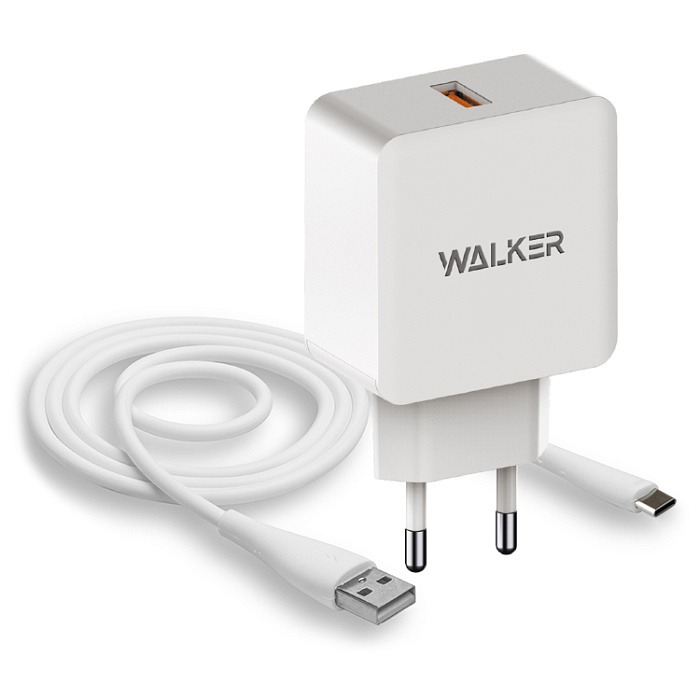 Зарядное устройство WALKER 18W (USBx1 быстрая зарядка QC 3.0 блок + кабель Type-C, белый)
