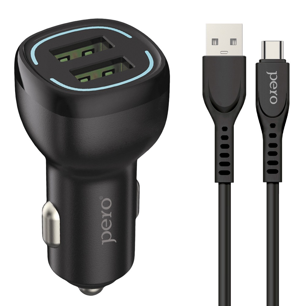 Автомобильное зарядное устройство PERO AC04 2USB 2.4A AUTOMAX c кабелем Type-C в комплекте, черное