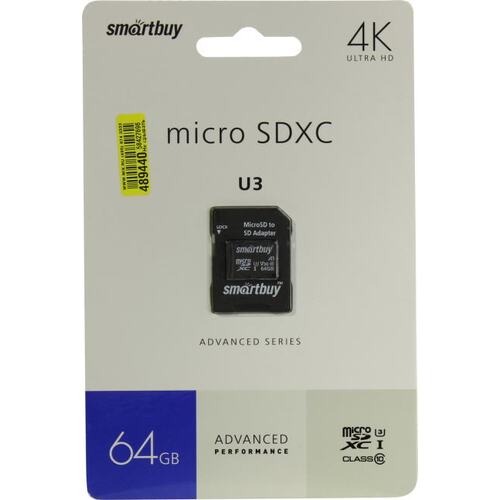 Карта памяти MicroSDXC 64 Gb SmartBuy U3 V30 A1 Advanced R/W up to 90/55 с адаптером