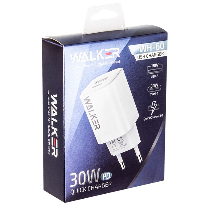 Зарядное устройство WALKER (USBx1/Type-Cx1 QC 3.0+PD 30W белый)