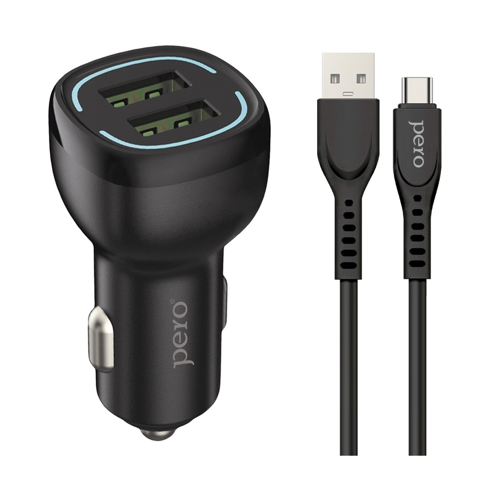Автомобильное зарядное устройство PERO AC04 2USB 2.4A AUTOMAX c кабелем Type-C в комплекте, черное