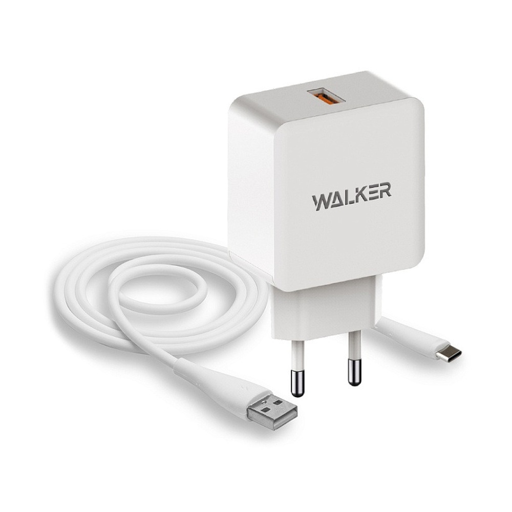Зарядное устройство WALKER 18W (USBx1 быстрая зарядка QC 3.0 блок + кабель Type-C, белый)